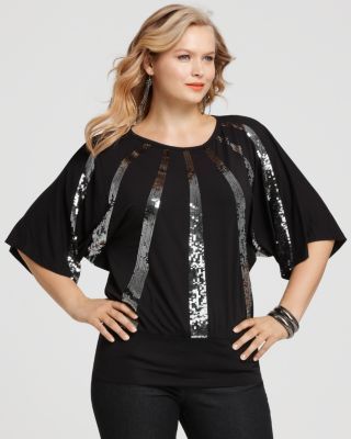 Karen Kane New Radial Black Sequin Front Banded Hem Kimono Blouse Top