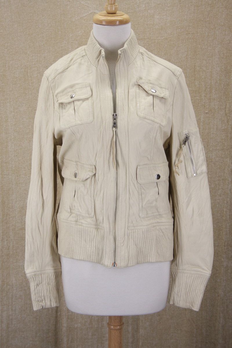 New Kenna T Ribbed Trim Leather Bomber Jacket Extra Large XL Egg Shell