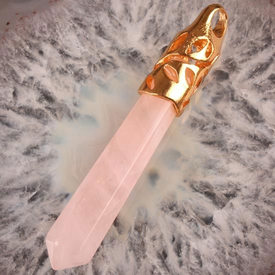 10x62mm Rose Quartz Pendulum Gold Plated Bead Pendant 1pcs