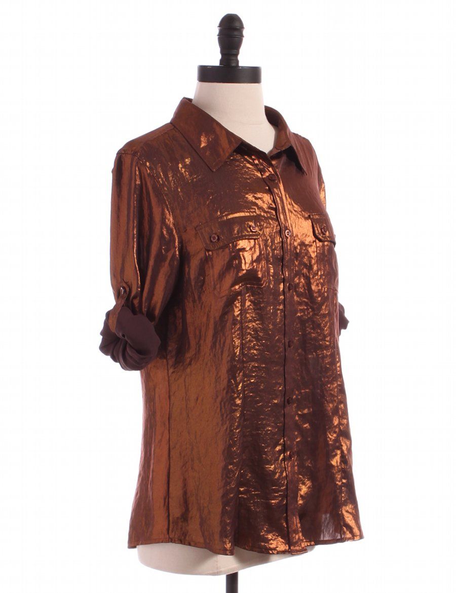 Calvin Klein Bronze Metallic Blouse Sz M Top Brown