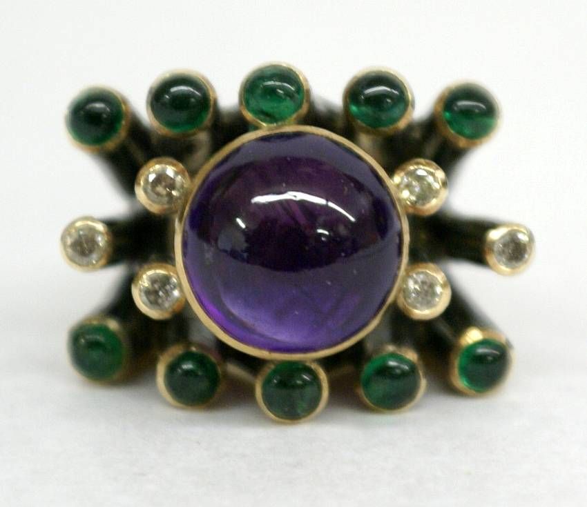 Handmade Monumental 18K Gold Oxidized Sterling w Amethyst Emeralds