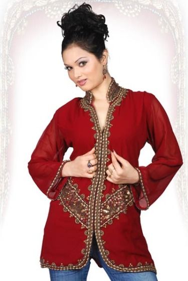 Burgundy Long Sleeves Kurti Tunic with Jacket Style Beadwork