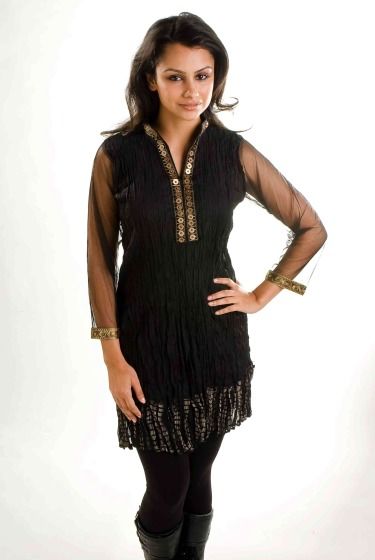 Black crepe Kurti / Tunic with golden neckline   Large