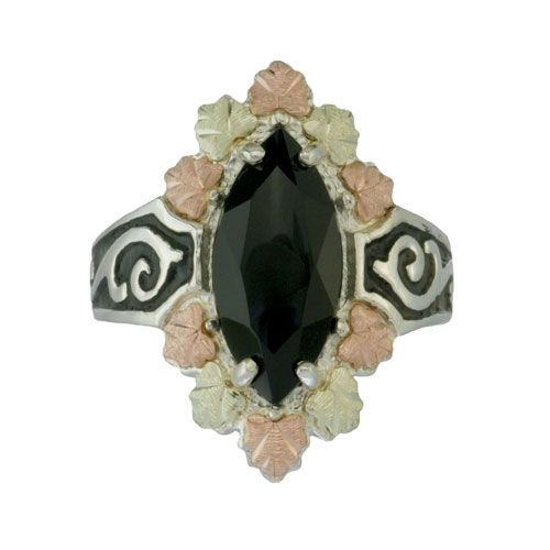 Black Hills Gold Sterling Silver Onyx Ladies Ring Antiqued Finish