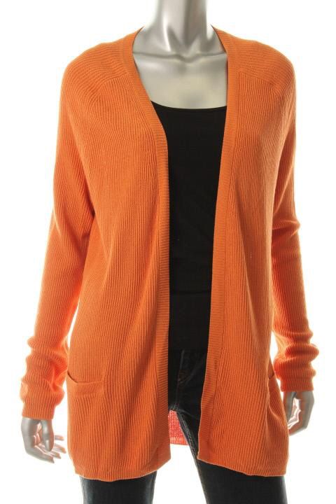 Anne Klein New Orange Long Sleeves Ribbed Trim Fly Away Cardigan