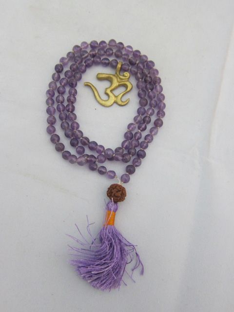 Japamala Amethyst Full Mala with Brass OM Pendant Yoga Meditation 108