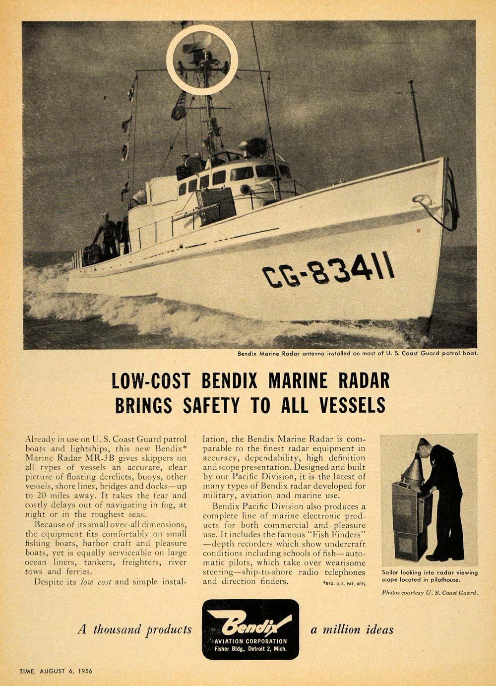 1956 Ad Bendix Aviation Marine Radar Coast Guard Boat   ORIGINAL