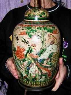 Antique Large Size Chinese Porcelain Famille Verte Ovoid Covered Jar