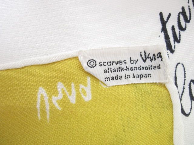 Vera Neumann Yellow Cream Silk Script Print Neck Scarf