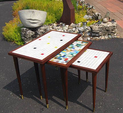 Mid Century Danish Modern Walnut Tile 3 Nesting Tables Martz