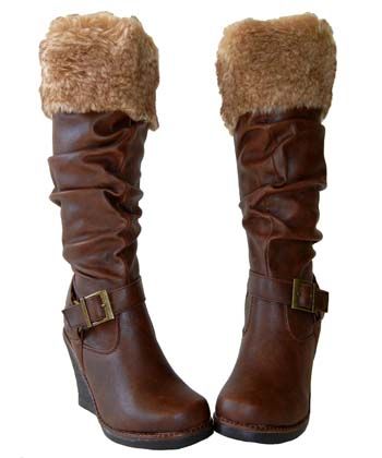 Stylish Faux Fur Cuff Slouchy PU Buckle Knee High Wedge Boots Brown Sz