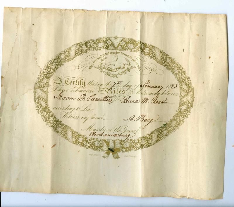 1883 Ant Marriage Cert Carutherz Yost Mechanicsburg PA