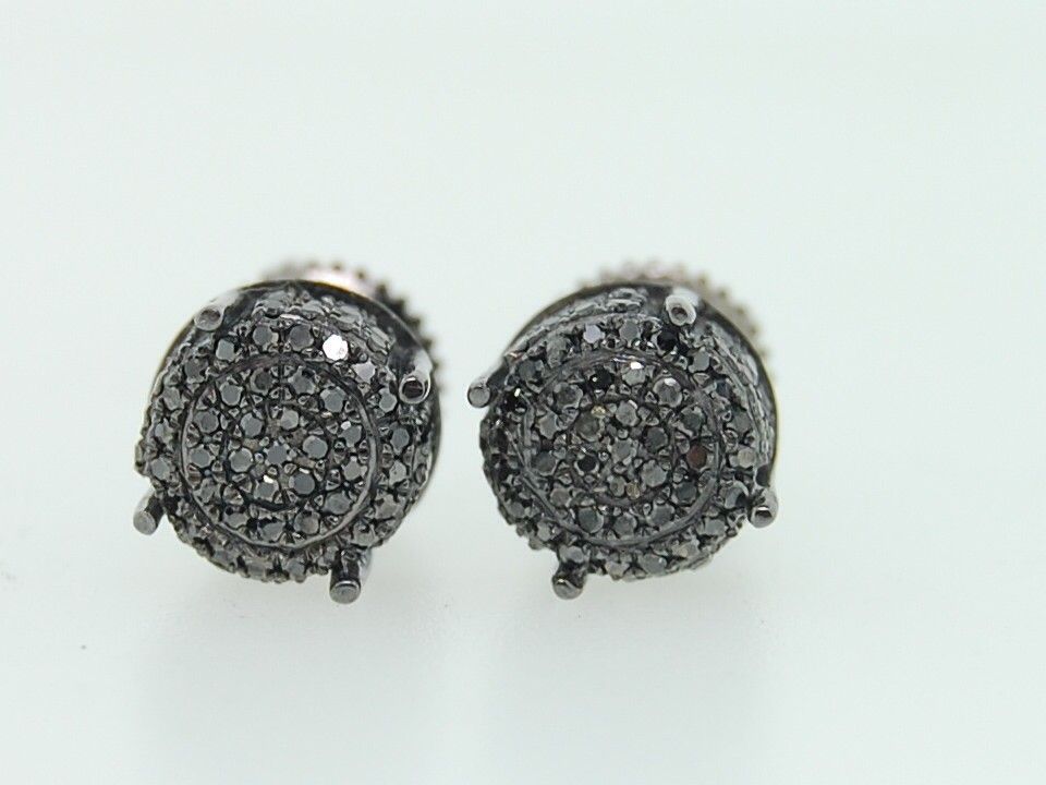 Mens Ladies Black Gold Black Diamond 3D Circle Sphere Stud Earrings w