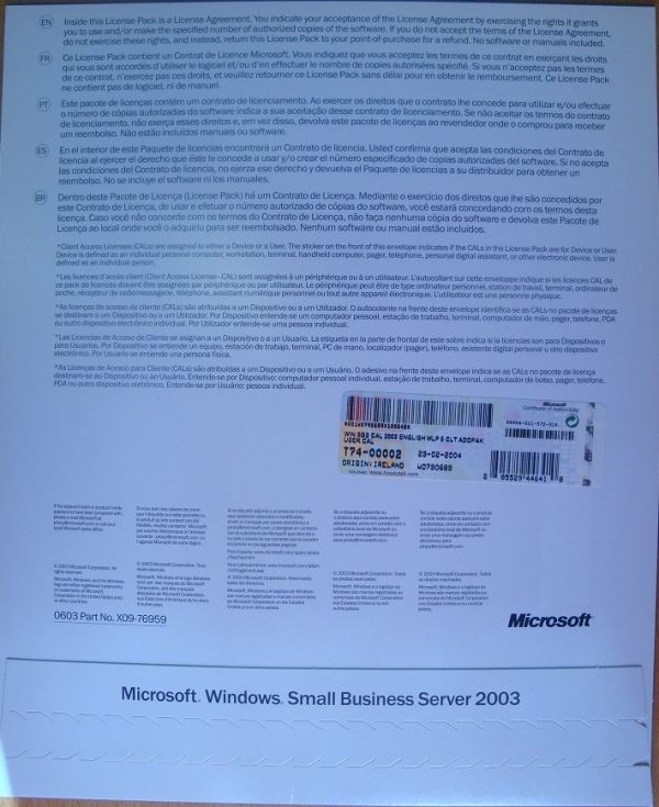Microsoft Windows Small Business SBS Server 2003 5 User Cals T74 00002