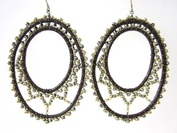 Miguel Ases Gold Tone Brown Leather Bead Hoop Earrings