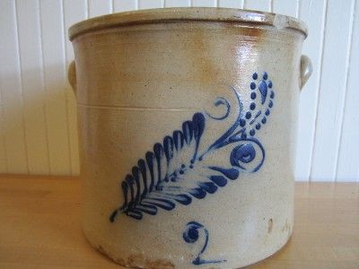 Antique Stoneware Crock Cobalt Blue Flower 2 Gal Decorated Great Color