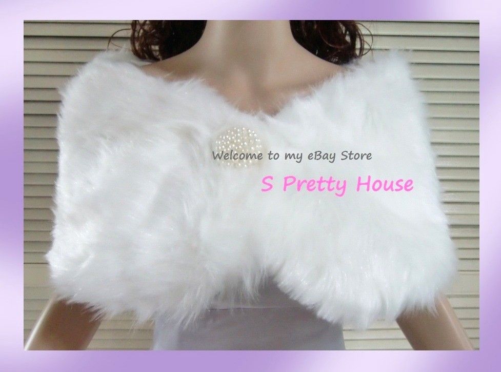 Ivory Pearl Wedding Faux Fur Shrug Stole Shawl Bolero