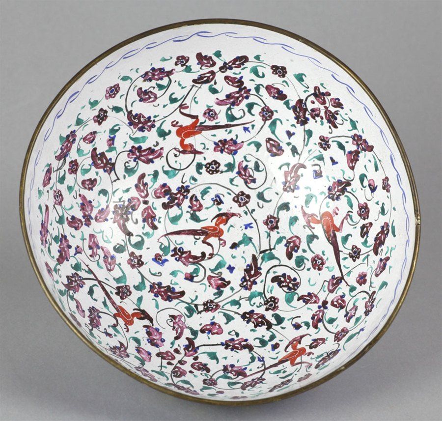 Fine Antique Indian Enamelled Bowl with Birds C 1920