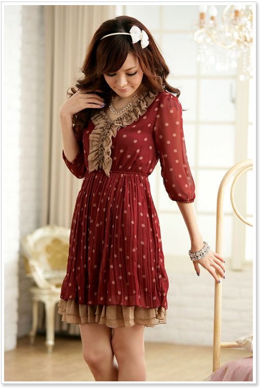 Rot 1/2 Arm circle dot Abendkleid Lace Kleider XS S M