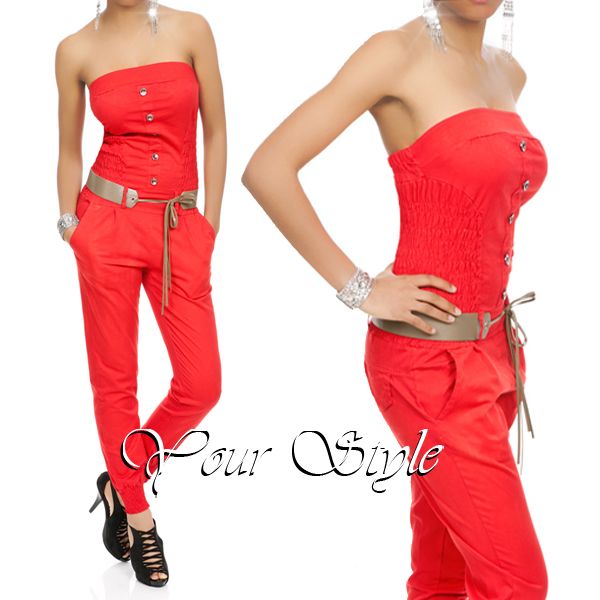 JUMPSUIT CATSUIT EINTEILER TRÄGERLOS GÜRTEL 34 36 38 40 42