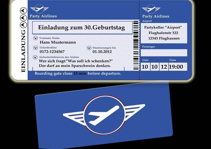 Geburtstag Flugticket Einladungskarte Einladungen 60 30 40 50