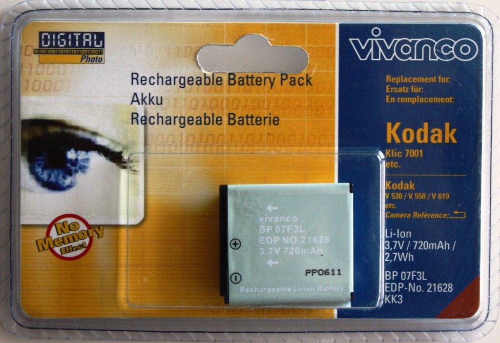 Vivanco Li Ion Akku für Kodak KLIC 7001 EASYSHARE M863 M1063 M1073