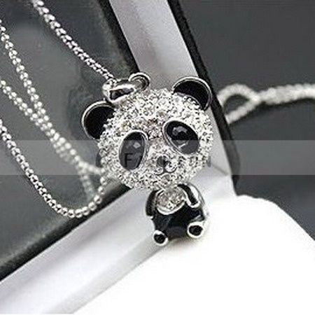 Halskette süße Panda Strass Anhänger Damen Lange Kette necklace NEU