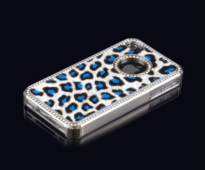 LUXUS STRASS LEOPARD BLAU iPHONE 4 4S 4G Chrom Bumper Schutz Hülle