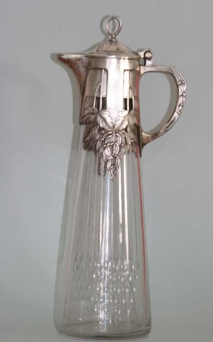 German description Jugendstil Karaffe von WMF ; Glas mundgeblasen und