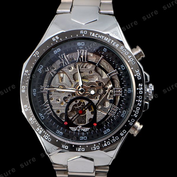 Automatik Skelettuhr #123 Mechanische Edelstahl Herren Uhr Armbanduhr