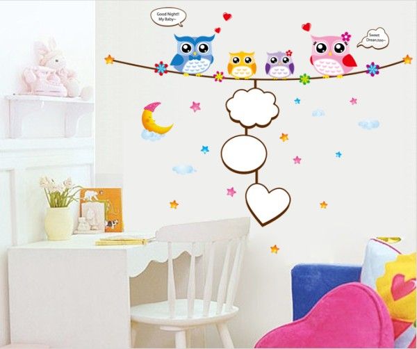 New Baby love Cute Four Owls & Moon& Star Nursery Room Wall sticker