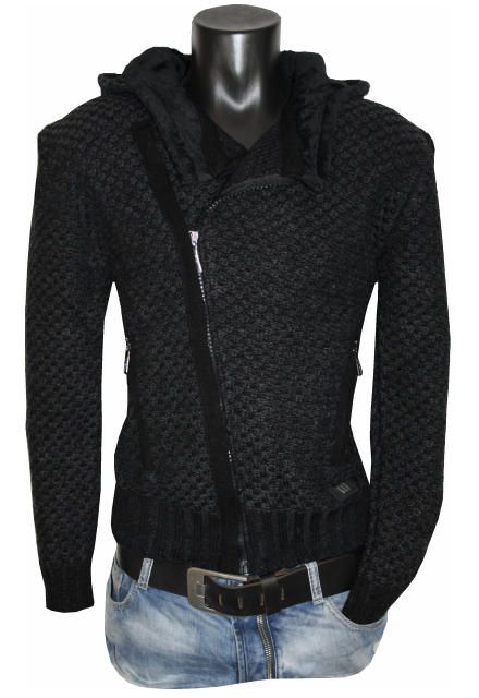 Herren STRICKJACKE Grobstrick Pullover mit Fell Kapuze schweres