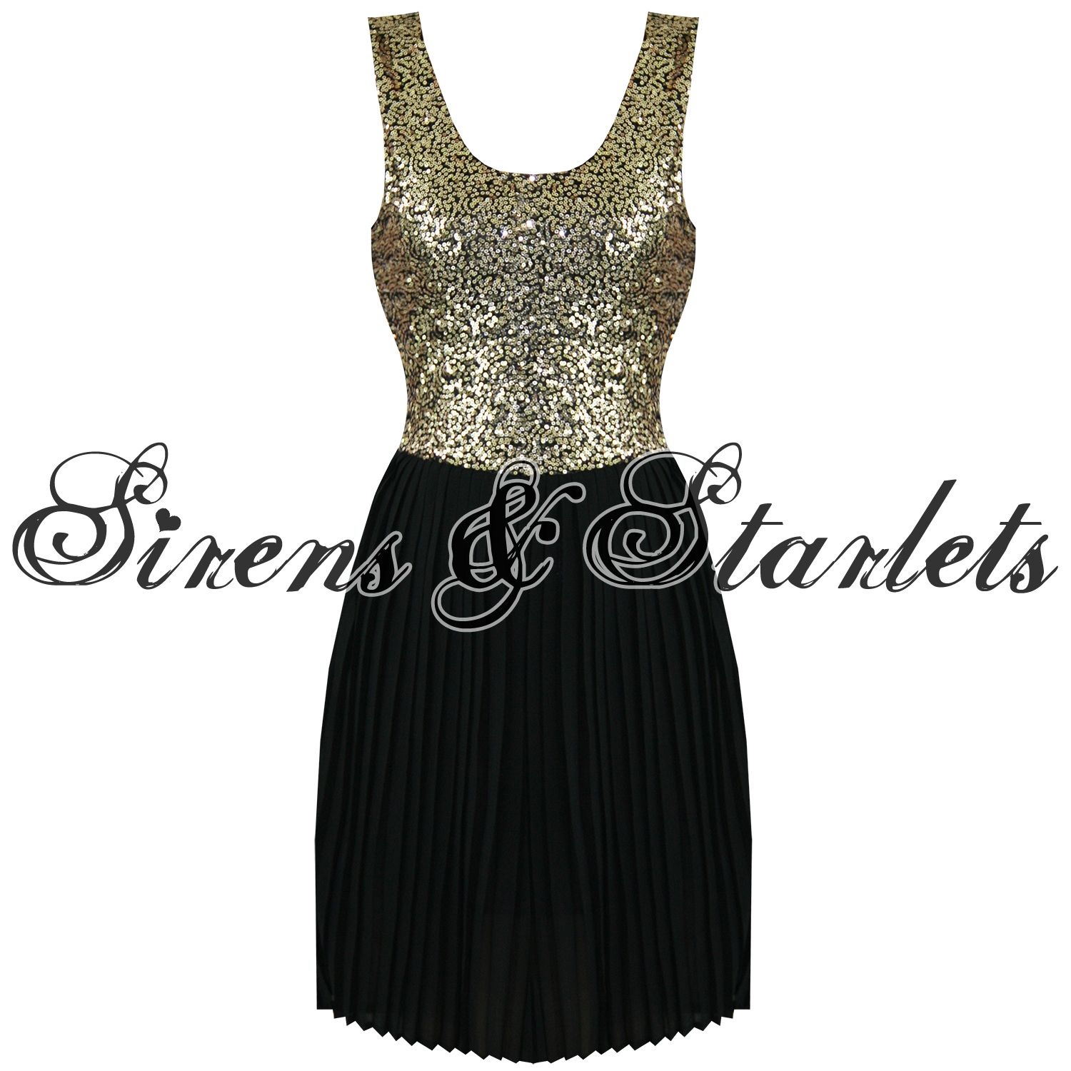 Damen Skater Party Kleid Schwarz Gold Pailletten Mini Kleid Ärmellos