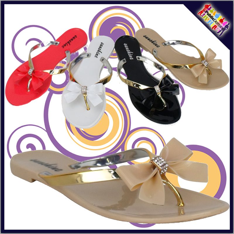 Damen Sandalen Flip Flops Gummi Metallisch Strass Schleife 36 37 38 39