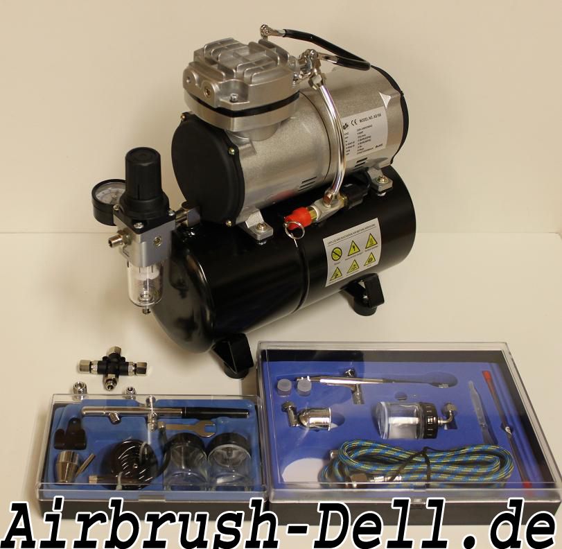 AIRBRUSH KOMPRESSOR KOMPLETT SET MIT 2PISTOLEN AS186 C