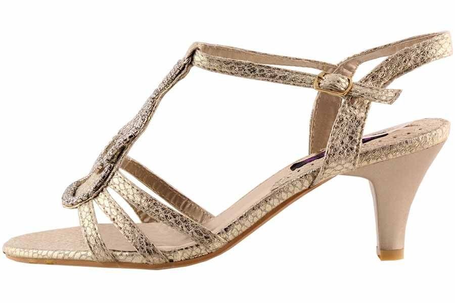 Riemchen Sandalette Strasssteinchen Gold 6cm Pfennigabsatz Design