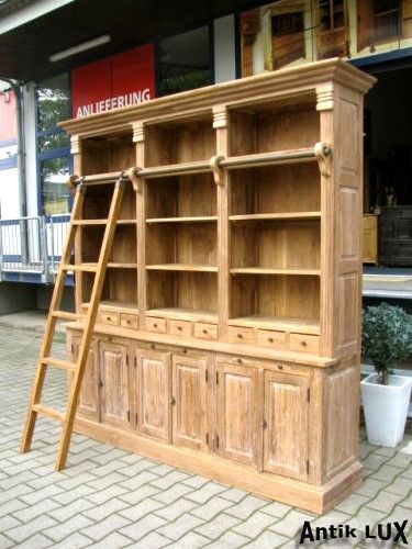 Bibliothek in Teak mit Leiter,,235 cm breit,, Regal,Bücherschrank