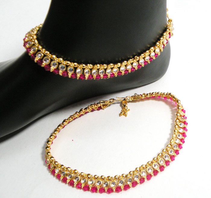 BOLLYWOOD BRIDAL GOLDTONE KUNDAN ANKLET ~ PAYAL PAIR XC