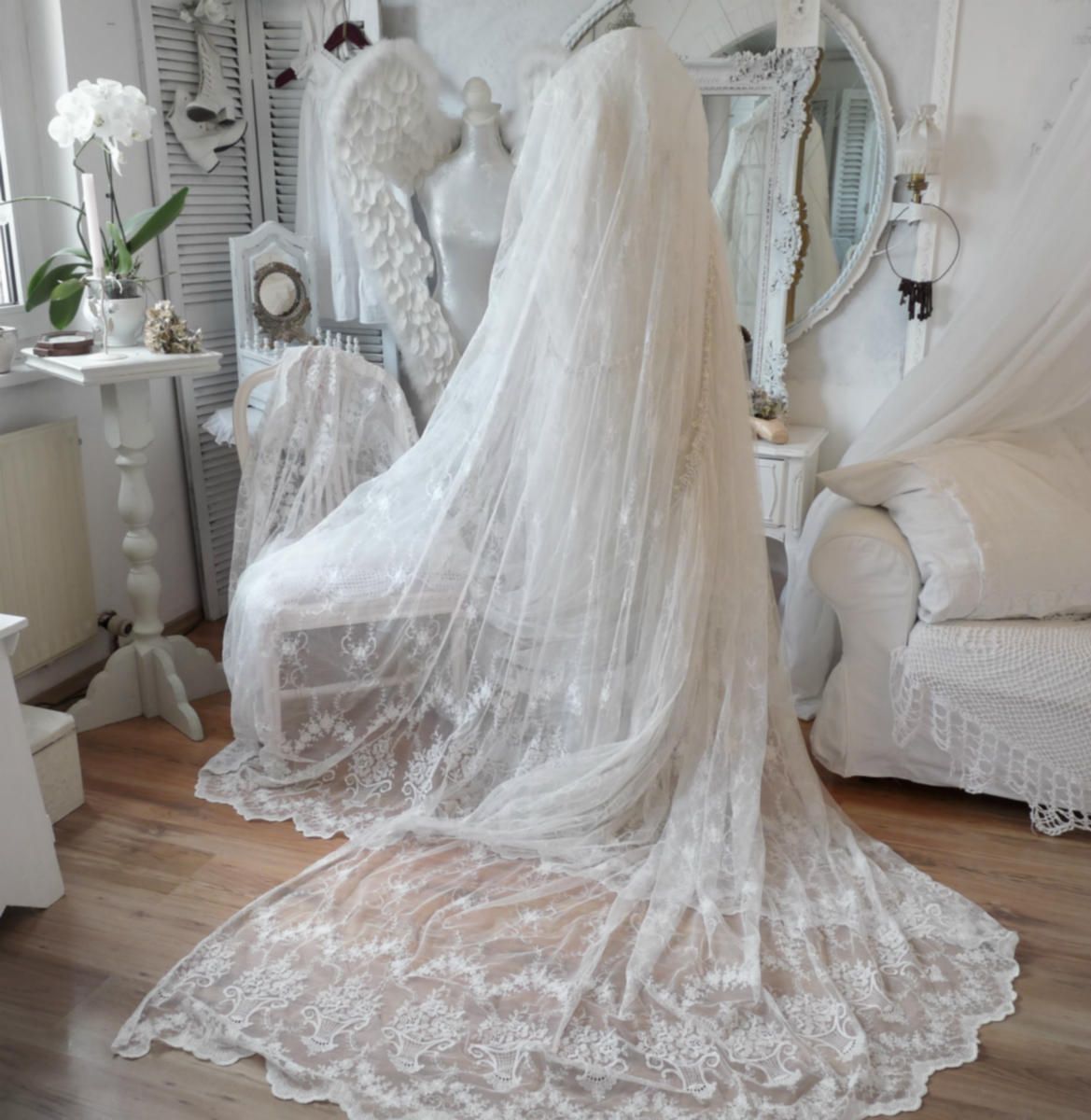 SHABBY 12,15m uralte Florentiner Tüll Gardine weiß Belle Blanc TRAUM