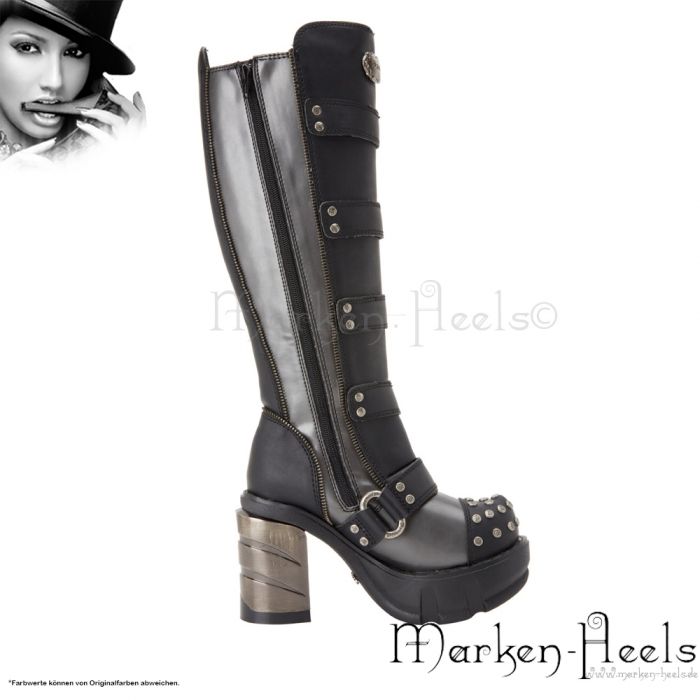 DEMONIA   ANGESAGTER KNIEHOHER DAMEN GOTHIC STIEFEL, SINISTER, SCHWARZ