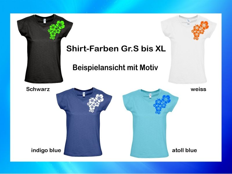 Marken Damen T Shirt Rundhals Hibiskus Gr.S XL 4 Farben lässig