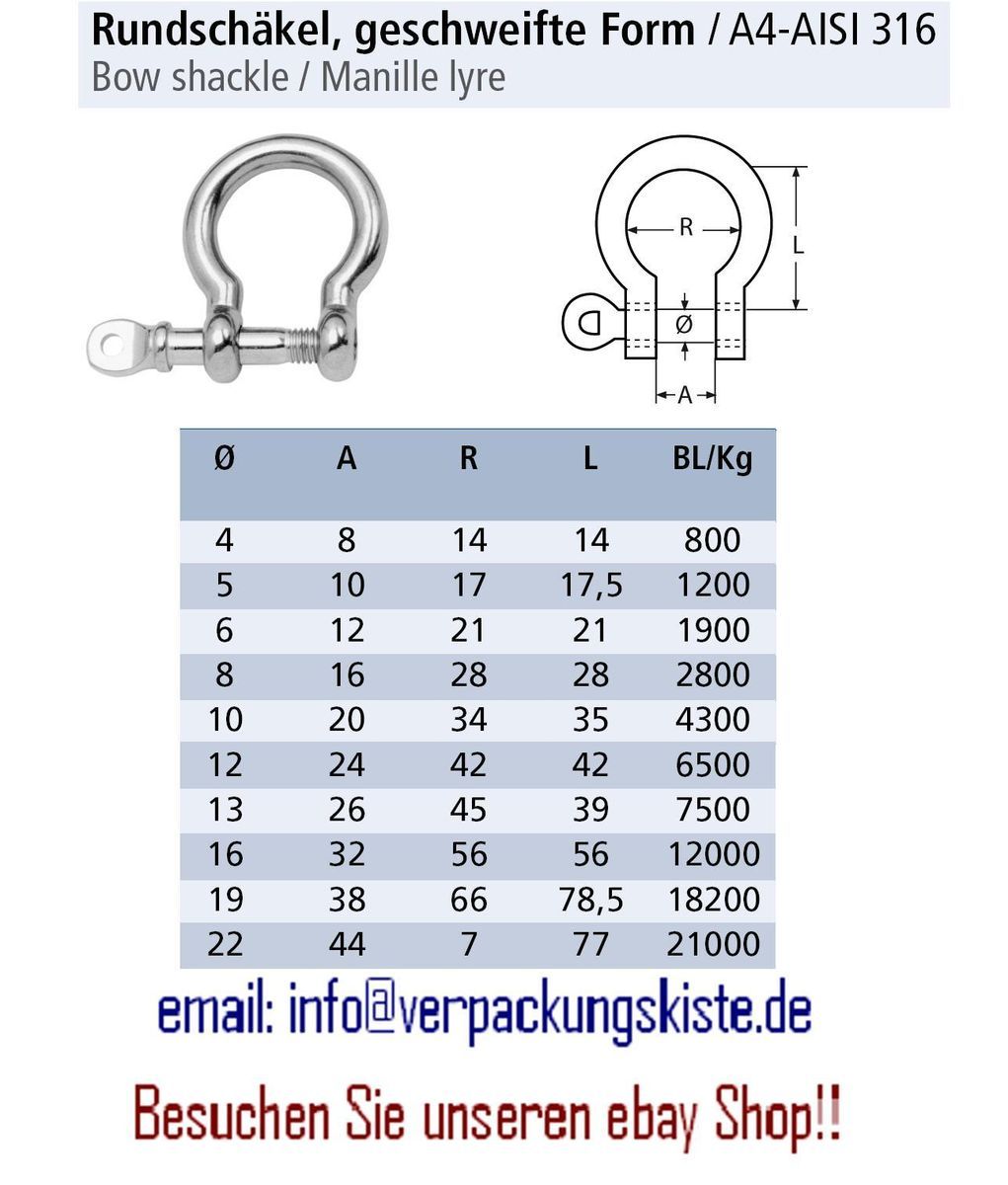 Edelstahl Schäkel V4A geschweift A4 AISI 316 Ankerschäkel versch