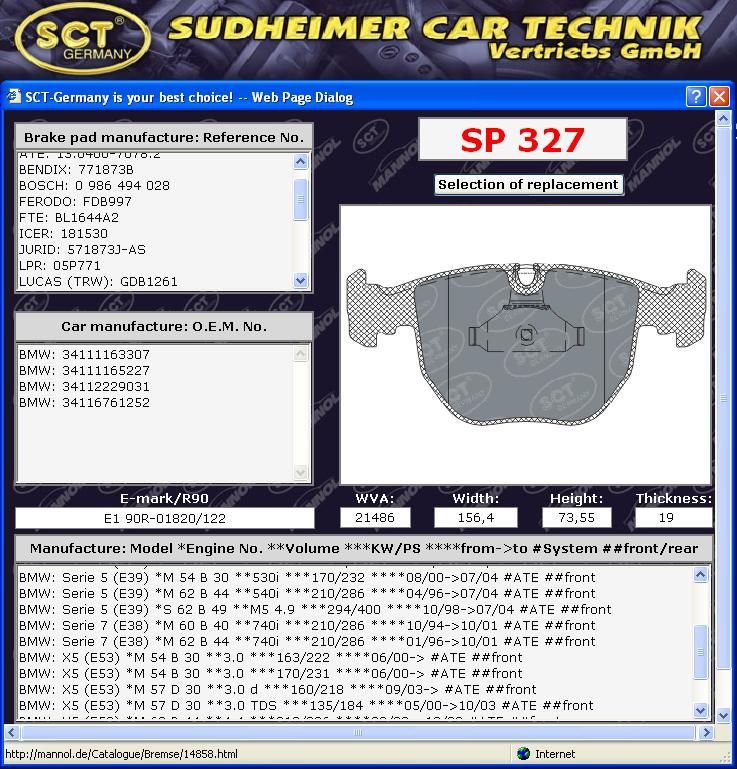 Bremsbeläge Bremsen BMW 8er E31 840 850 SP 327