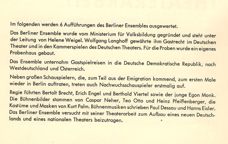 THEATERARBEIT   6 Aufführungen des Berliner Ensembles   VVV Dresdner