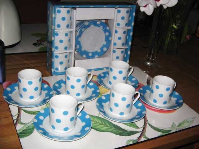 Puppengeschirr Espressotassen Set Mokkatassen Hellblau Porzellan Polka