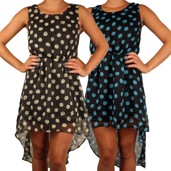 Damen Kleid Polka Gepunktet Hinten Saum lang vorne kurz Ärmellos