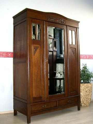 ANTIK Kleiderschrank Dielenschrank JUGENDSTIL Garderobe Spiegel Eiche