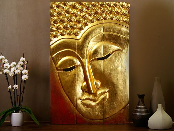 BUDDHA WANDBILD BLICK LINKS 120cm 24 KARAT BLATTGOLD BELEGT GESICHT