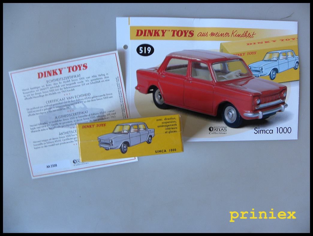 Atlas Verlag Dinky Toys 519 Simca 1000 France Datenblatt Zertifikat