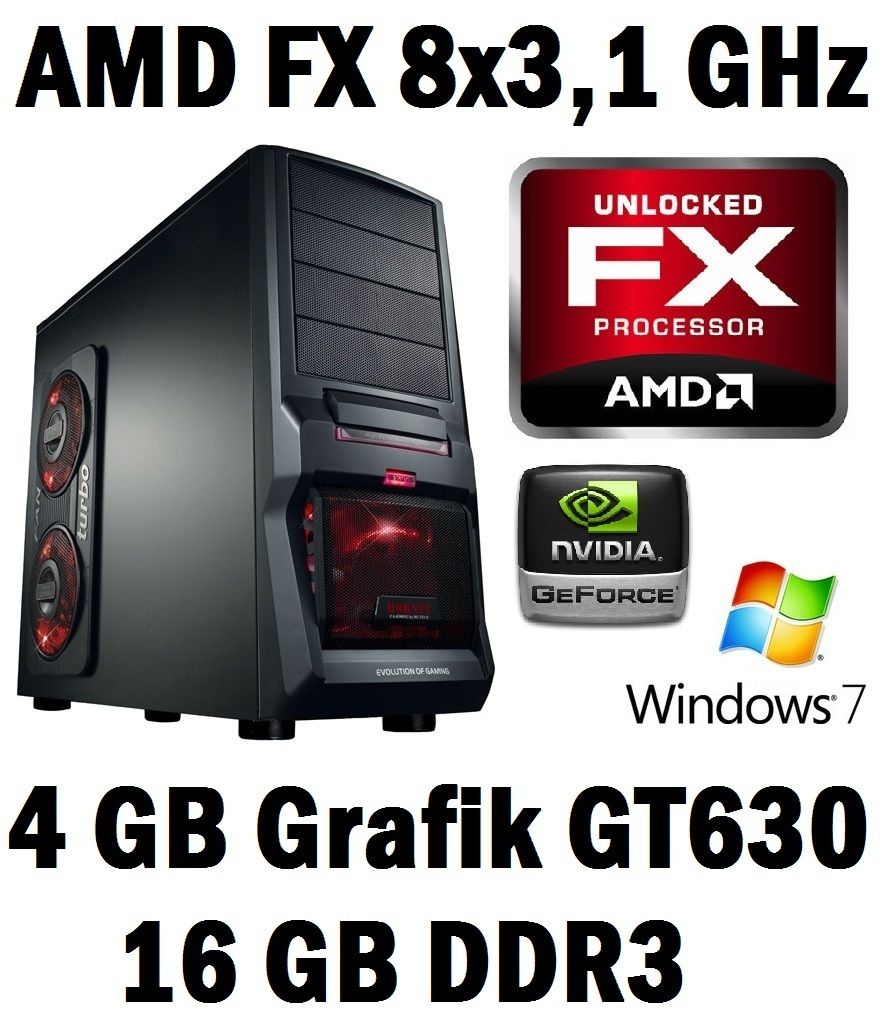 Gamer pc windows7 amd bulldozer FX 8120 8x3.1 ghz 16GB ddr3 gt630 lan